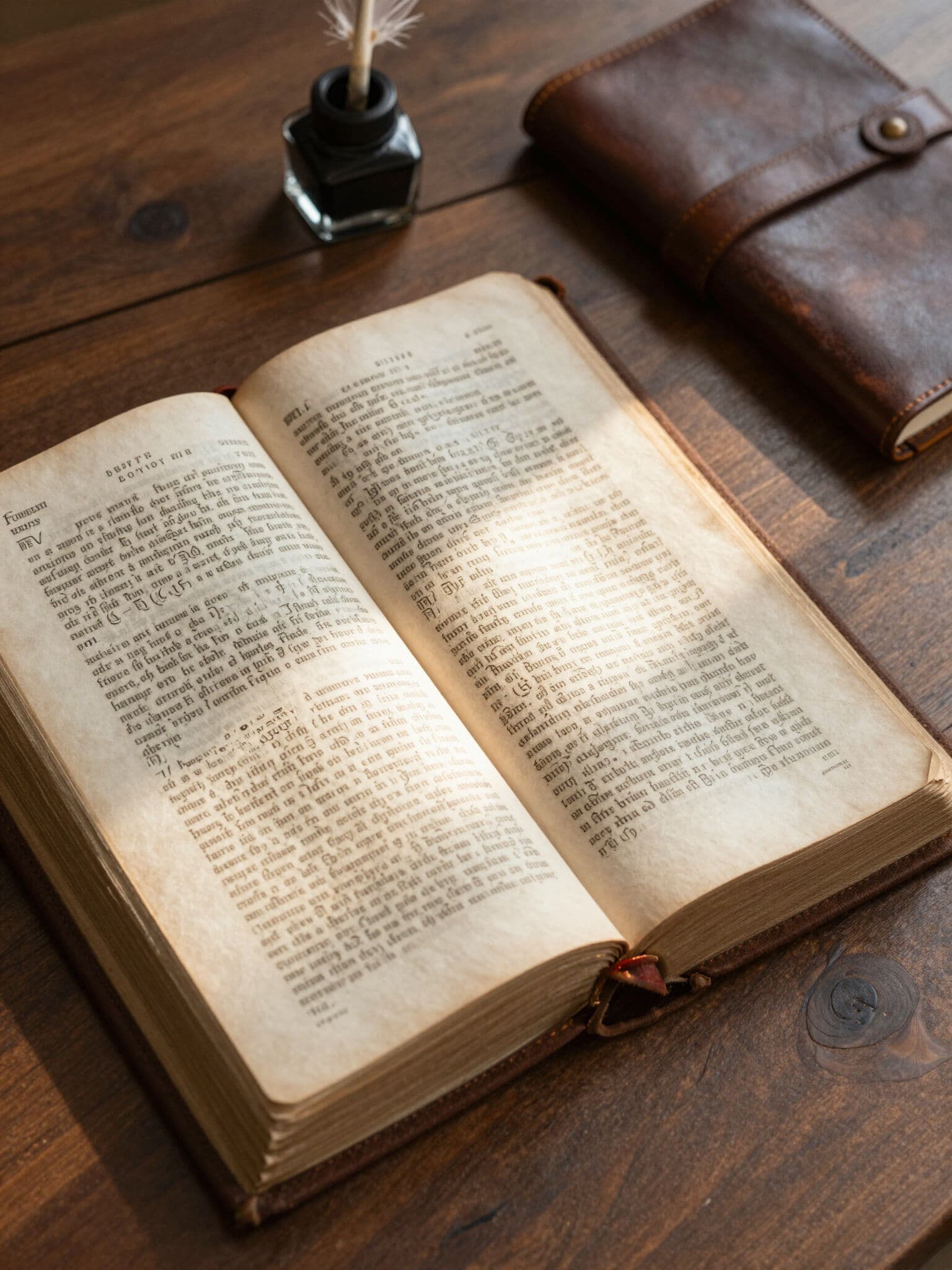 Open ancient Bible on a wooden desk